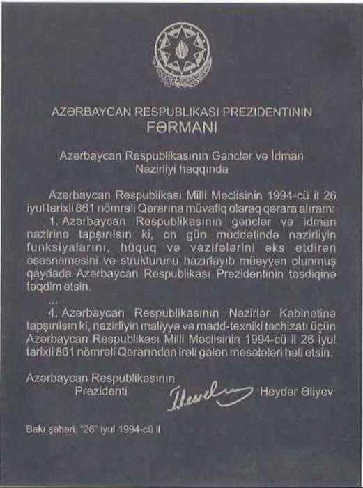 Ümummilli lider Heydər Əliyev tərəfindən Azərbaycan Respublikası Gənclər və İdman Nazirliyinin yaradılmasından 27 il keçir.