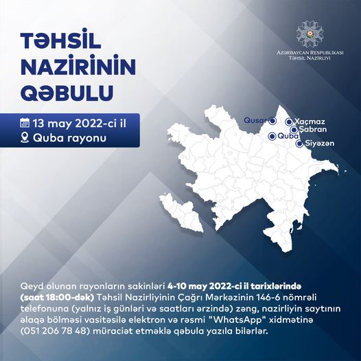 13 may 2022-ci il tarixində Quba şəhərində Quba, Qusar, Xaçmaz, Şabran və Siyəzən rayonlarında qeydiyyatda olan sakinləri..........