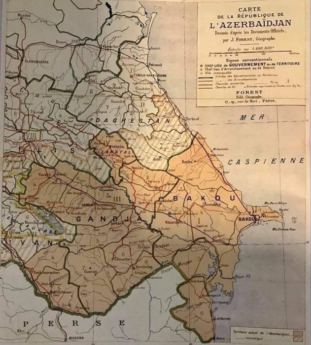 1918-ci ildə Fransa tərəfindən təsdiq və çap edilmiş Azərbaycan Xəritəsi.