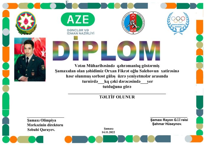 Vətən müharibəsində şəhid olmuş  Orxan Fikrət oğlu Salehovun xatərəsinə həsr olunmuş yeniyetmələr arasında 14.11.2022-ci il tarixində Şamaxı Olimpiya Mərkəzində  sərbəst güləş idman növü üzrə turnir keciriləçəkdir.