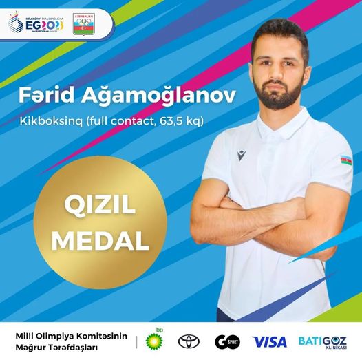 Kikboksçumuz Fərid Ağamoğlanov (full contact, 63,5 kq) lll Avropa Oyunlarında qızıl medal qazandı.