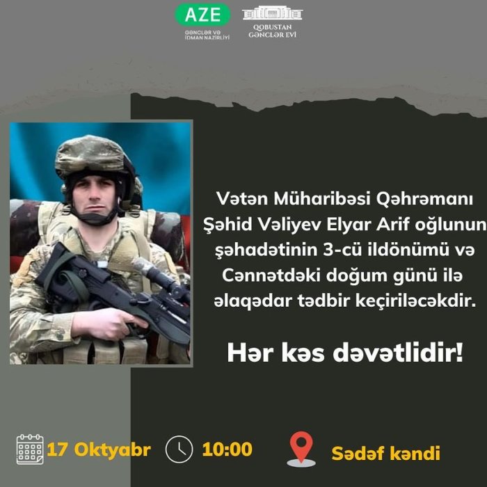 Vətən Müharibəsi Qəhrəmanı Şəhid Vəliyev Elyar Arif oğlunun şəhadətinin 3-cü ildönümü və Cənnətdəki doğum günü ilə əlaqədar tədbir keçiriləcəkdir.