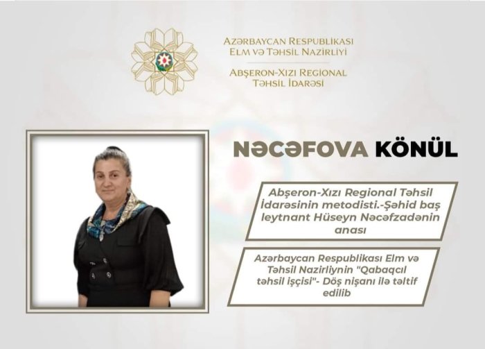 Nəcəfova Könül Abşeron-Xızı Regional Təhsil İdarəsinin metodisti, Şəhid baş leytnant Hüseyn Nəcəfzadənin anası