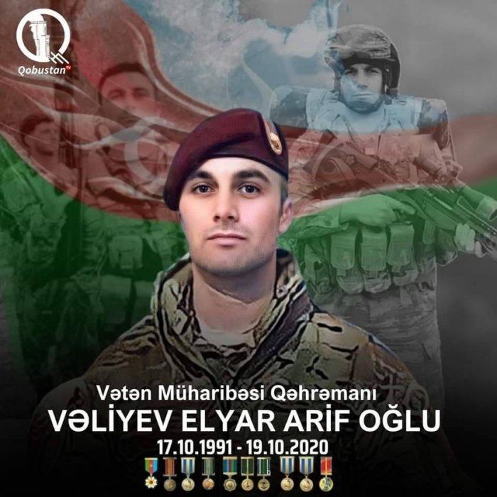 17 oktyabr Qobustan rayonu Sədəfli kənd sakini Qəhrəman Şəhidimiz Vətən Müharibəsi Qəhrəmanı Vəliyev Elyar Arif oğlunun doğum günüdür.