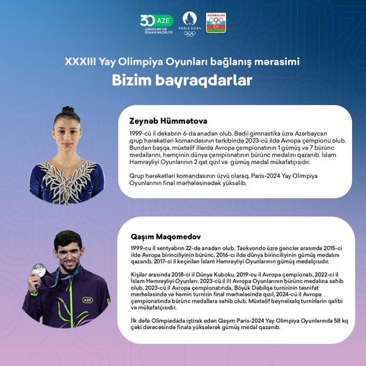 XXXIII Yay Olimpiya Oyunlarının bağlanış mərasimində Azərbaycan idman nümayəndə heyətinin bayraqdarları məlum olub.