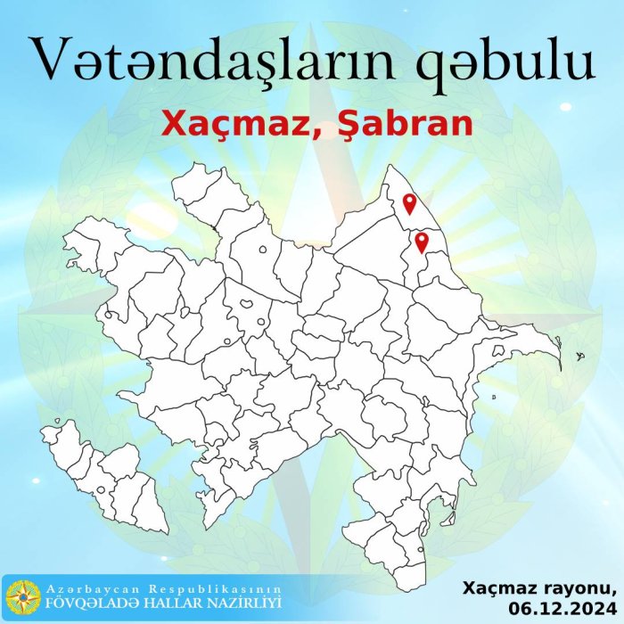 Azərbaycan Respublikasının fövqəladə hallar naziri Kəmaləddin Heydərov Xaçmaz şəhərində vətəndaşları qəbul edəcək.