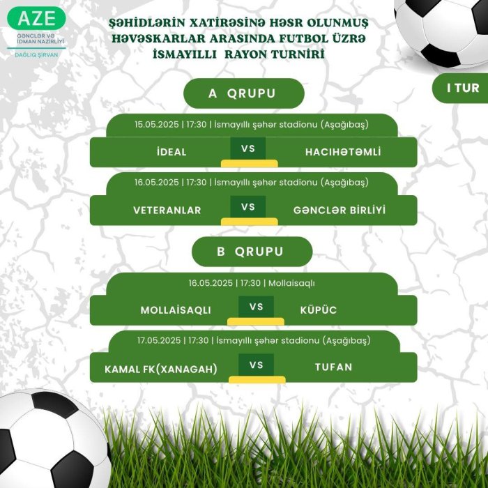 Şəhidlərin əziz xatirəsinə həsr edilmiş futbol çempionatı başlayır. Şəhidlərin əziz xatirəsinə həsr edilmiş futbol çempionatı başlayır.